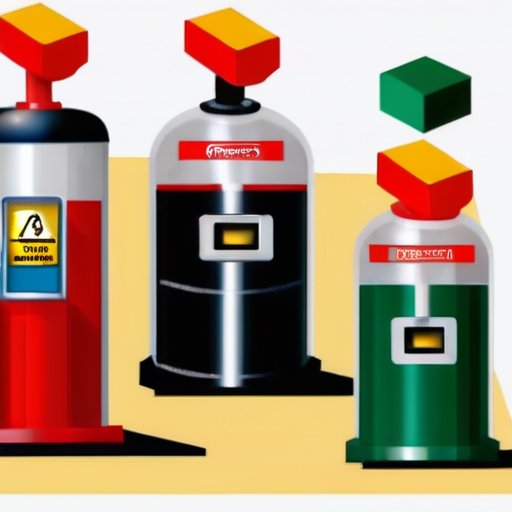 Изображение 5-литрового газового баллона рядом с автозаправочной станцией, акцент на несоответствии размеров, предупреждающий знак о безопасности и ценник на заправку.