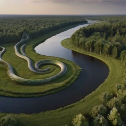 Спокойный пейзаж Московской области с зелеными лесами и извивающейся рекой, обитаниями змей и сезонными изменениями.