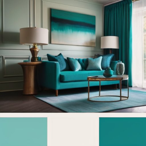 Спокойный интерьер в оттенках бирюзового с мягкими подушками и элегантными шторами.