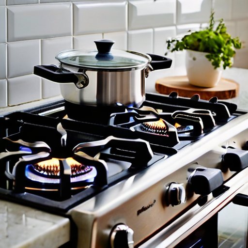 Чистая газовая плита с блестящими конфорками и яркими пламенем, рядом инструменты для уборки.