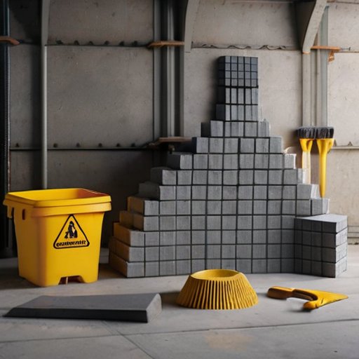 Строительная площадка с мешками цемента, мастерком и ведром, частично построенной стеной и строительными инструментами.