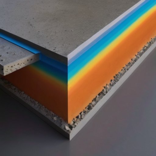 Срез бетонной плиты с деформационными швами, цветовая кодировка швов, инструменты и материалы для установки, строительная обстановка.