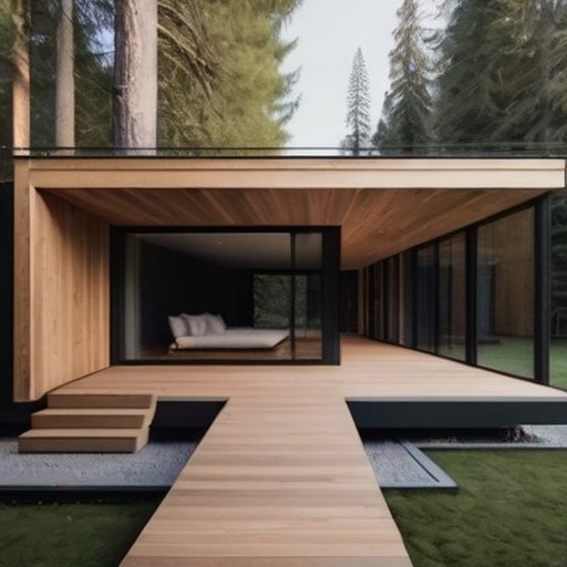 Спокойная деревянная дорожка вокруг дома, подчеркивающая текстуру дерева и окружающую зелень.