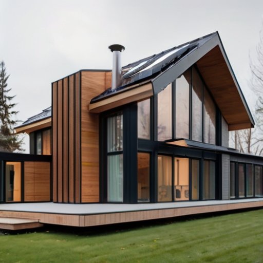 Современный дом из СИП-панелей с сечением, показывающим слоистую структуру, окружённый солнцем, дождём и снегом, с инструментами и материалами для установки.