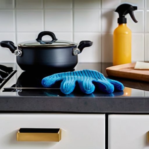 Чистая кухня с газовой плитой, инструментами для уборки и списком задач по обслуживанию.