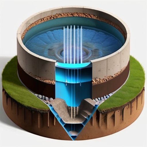 Изображение колодца с бетонными кольцами, слои почвы, стрелки указывают на движение грунтовых вод, элементы гидроизоляции.
