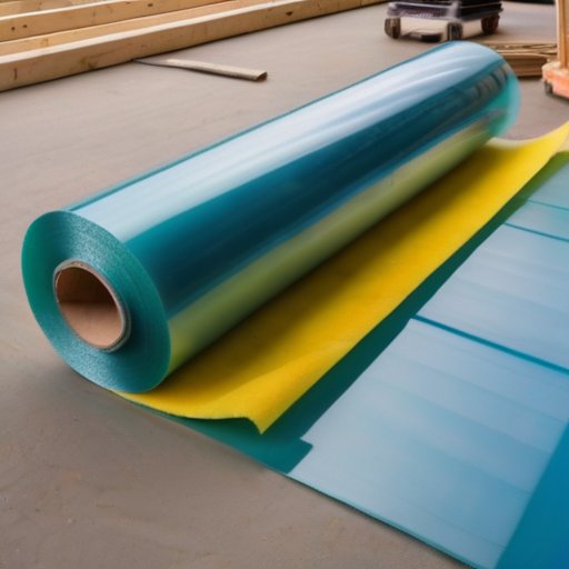 Строительная площадка с рулоном стекловаты, инструментами и ясным небом.