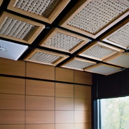Спокойный деревянный потолок с звукопоглощающими материалами и визуальными элементами, символизирующими поглощение звука.