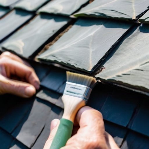 Нанесение защитного покрытия на сланцевую крышу: текстура плитки, инструменты и ухоженное здание.