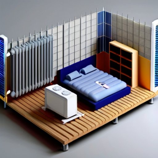 Современный уютный интерьер дома с элементами отопления и схемой системы.