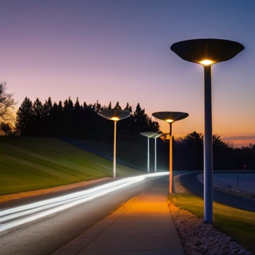 Современный уличный фонарь с фотосенсором, освещающий тропинку на закате.