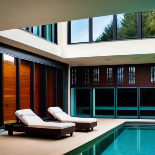 Современный бассейн с увлажнителем, яркий и уютный интерьер.