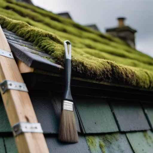 Старая шиферная крыша с мхом и плесенью, инструменты и чистящее средство рядом.