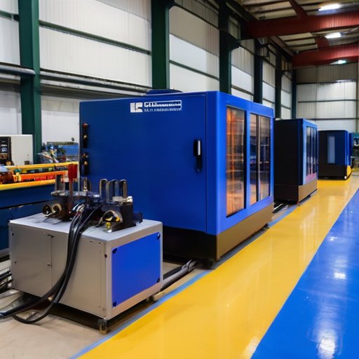 Современная индустриальная сцена с высокотехнологичной машиной для экструзионной сварки, соединяющей ярко-синие полиэтиленовые трубы в организованной мастерской.