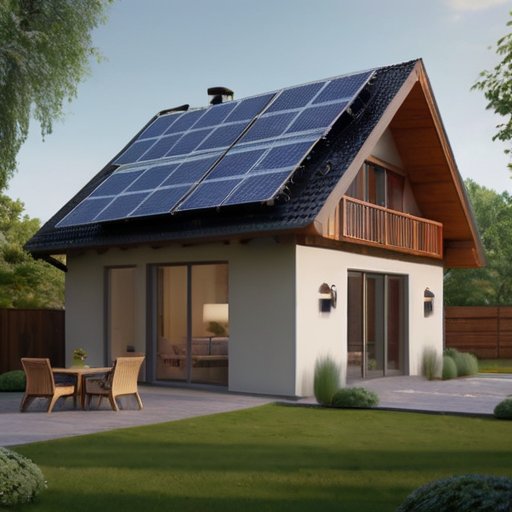 Уютный энергоэффективный дом в природе с солнечными панелями и зеленью.