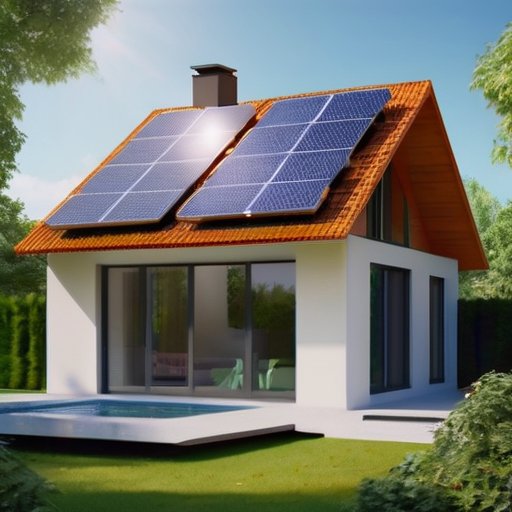 Современный энергоэффективный дом с солнечными панелями, окруженный природой.