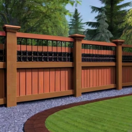 Красивая кирпичная ограда с декоративными элементами и ухоженным садом.