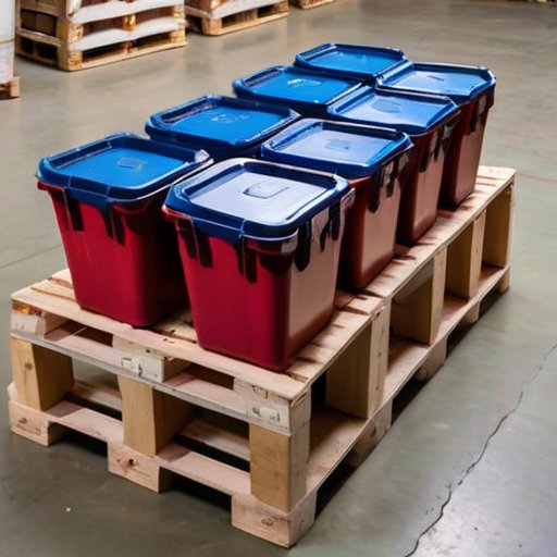 Еврокубы на поддоне в складском помещении, организованные по отраслям.