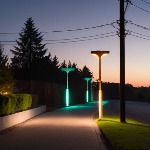 Улица на закате с автоматическими уличными огнями и фотосенсором на столбе.