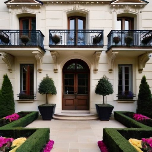 Архитектурный дизайн с французским и традиционным балконами в стильной городской обстановке.