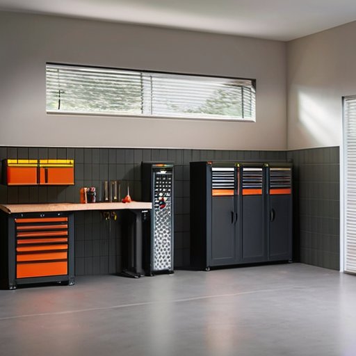 Современный интерьер гаража с газовым отоплением, организованным рабочим местом и естественным светом.