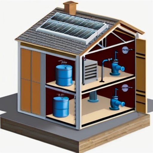 Срез деревянного дома с газовой системой: трубы, счетчик, запорные клапаны и уютный интерьер.