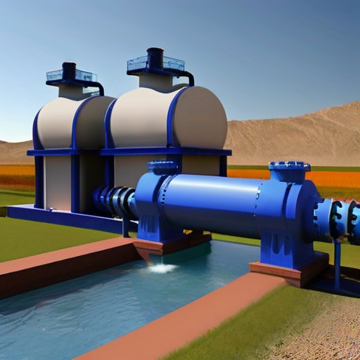 Современная насосная станция с цилиндрическим гидроаккумулятором на переднем плане и системой трубопроводов.