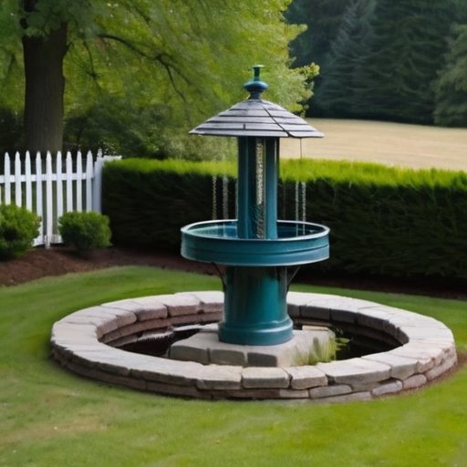 Спокойный колодец в ухоженном саду с инструментами для ремонта.