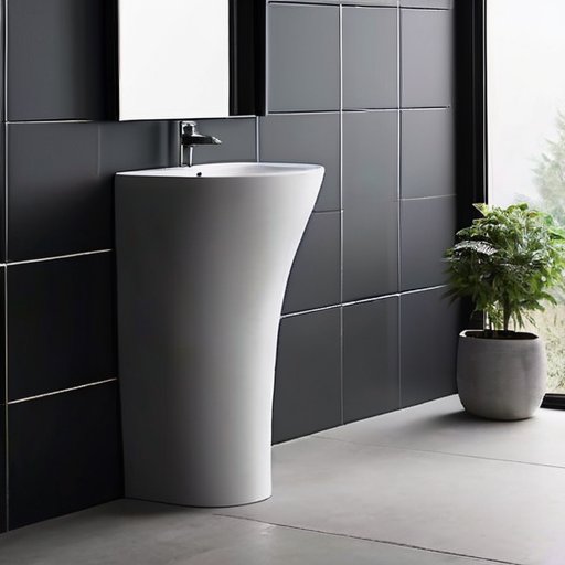 Современная ванная комната с минималистичным биде-душем, стильной раковиной и зелеными растениями.