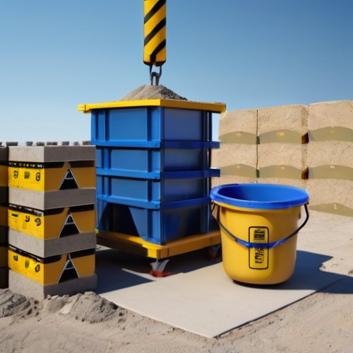 Строительная площадка с миксером для раствора, мешками цемента и песка, мерной шкалой и аккуратно сложенными бетонными блоками.