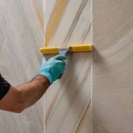 Текстурированная стена с гладкой мраморной штукатуркой и инструментами для нанесения.