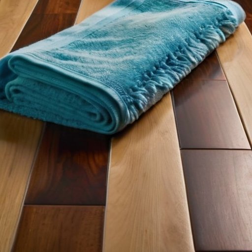 Чистый кухонный пол с блестящей ламинатной поверхностью и аккуратно расставленными средствами для уборки.