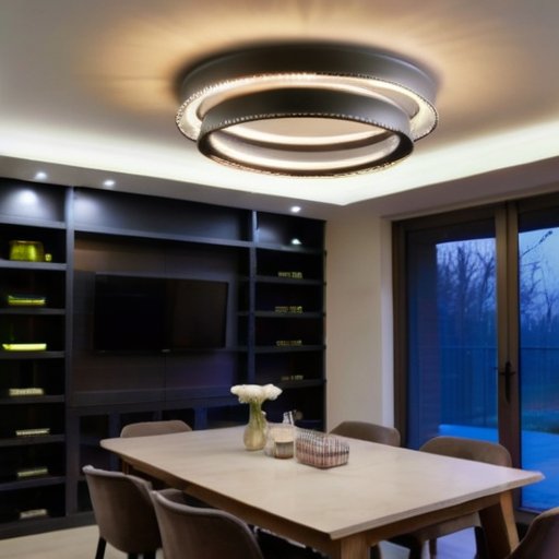 Современная LED люстра в стильной гостиной с уютной атмосферой и инструментами для обслуживания.