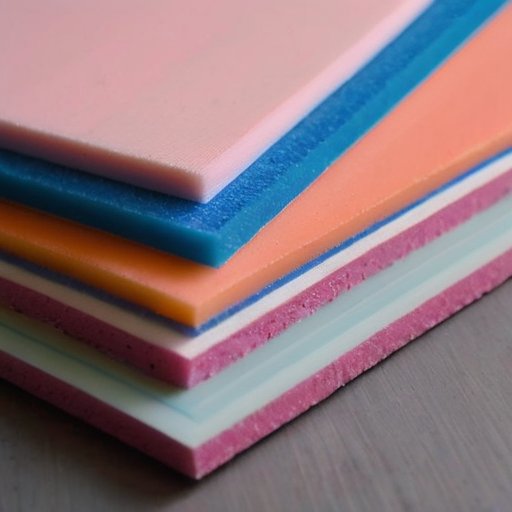 Розовая пенопластовая доска с кистью и банками краски в мастерской.