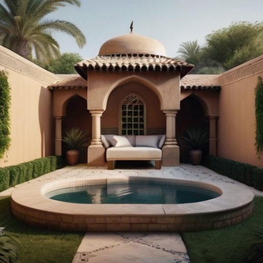 Спокойный задний двор с хамамом, арочными окнами, плиткой, зеленью и уютными местами для отдыха.