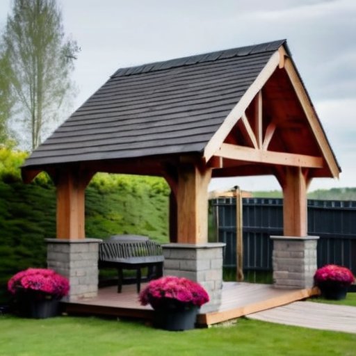 Уютная деревянная беседка в саду с цветами и инструментами для строительства.