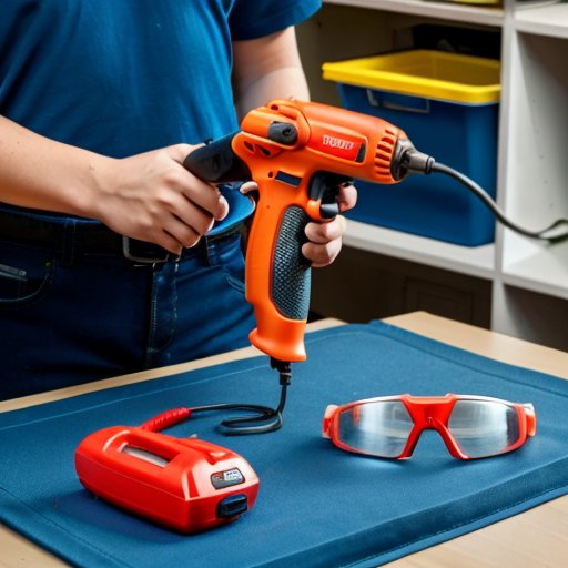 Организованное рабочее место для горячего клея: клейкий пистолет, стержни, защитные очки и свет.