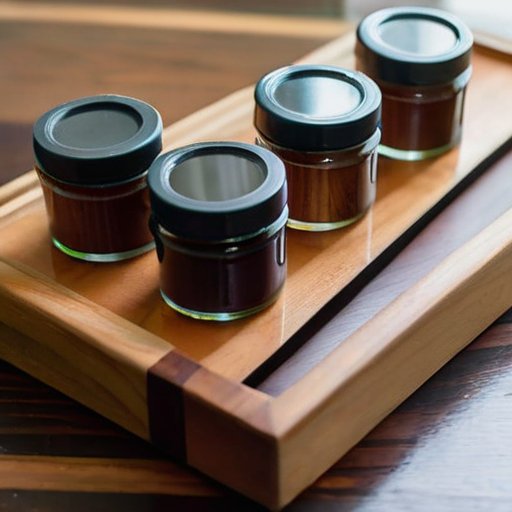 Аккуратное рабочее пространство для окраски дерева с лаками, палитрами и тестовой доской.