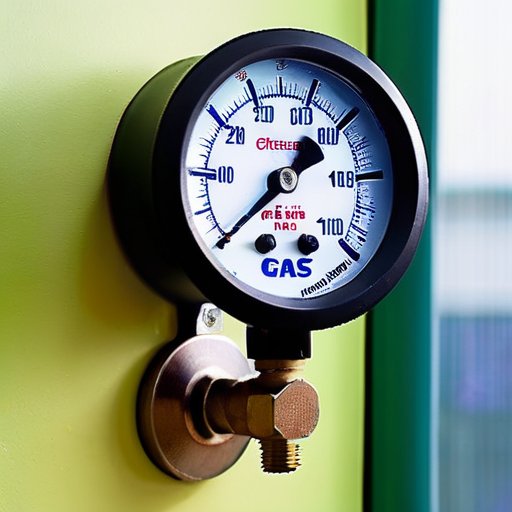 Современный манометр давления газа на стене кухни с безопасной зоной, рядом инструменты и газовая плита.