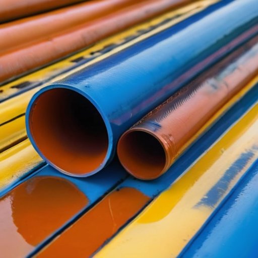 Свежепокрашенная газовая труба ярких цветов на фоне инструментов, с акцентом на стойкость к погоде и коррозии.