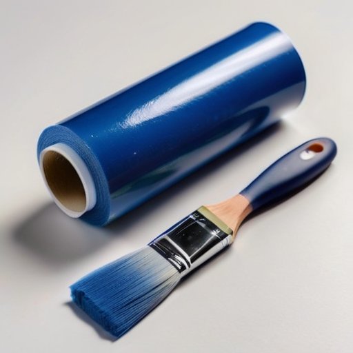 Гладкий синий лист пенопласта на белом фоне с кистью и банкой краски.