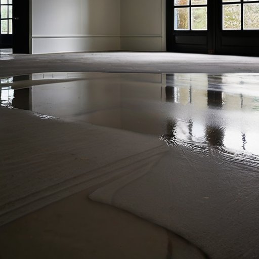 Свежезалитый пол из сухой стяжки с распылением воды, инструменты и хорошее освещение.