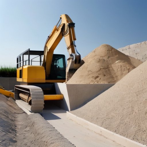 Строительная площадка с известняковыми камнями, станцией для смешивания цемента и песка, инструментами и частично построенной стеной.