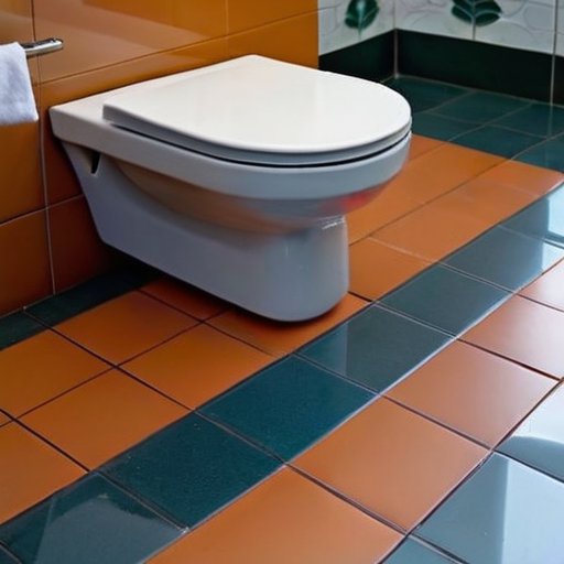 Чистый светлый пол ванной с большими блестящими плитками и частично установленным унитазом, рядом инструменты и средства защиты.