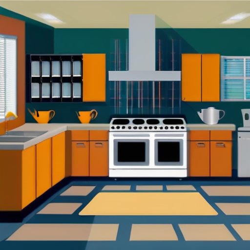 Современный интерьер дома с бытовой техникой, отображающей потребление энергии, и планом дома на фоне.