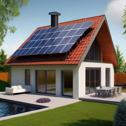 Современный дом с солнечными панелями, ветряком и энергосберегающим освещением в окружении сада и природы.