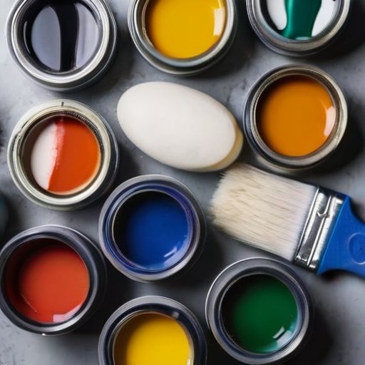 Организованный рабочий стол для смешивания ПФ краски с контейнерами, растворителями и инструментами.