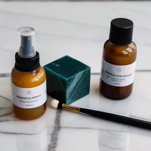 Отшлифованная мраморная поверхность с бутылками клея и инструментами для подготовки.