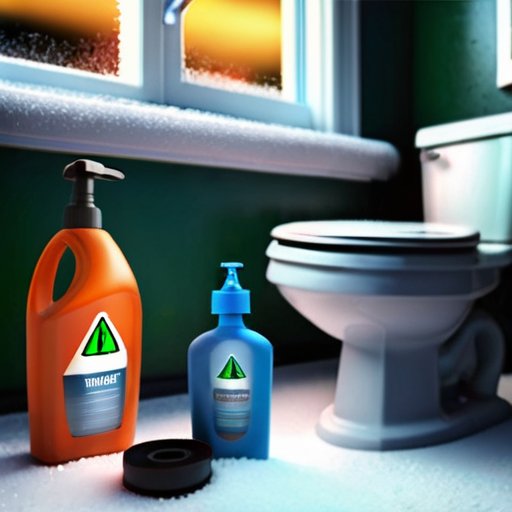 Зимний санузел с закрытым туалетом, индикатором уровня воды 'пусто', бутылкой антифриза, инструментами и морозным окном.