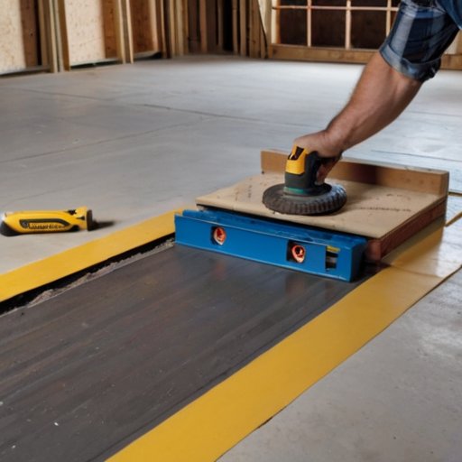 Сцена строительства: удаление маяков с пола, инструменты на верстаке, частично удалённый маяк, видимые отверстия в стяжке.